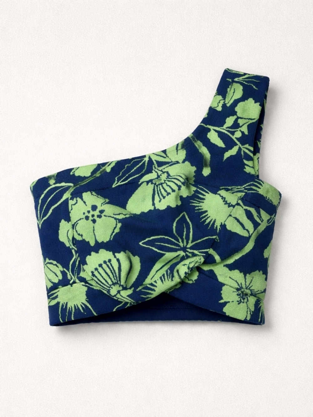 ZARA One Shoulder Floral Crop Top – Navy & Green – Twist Front – Size M